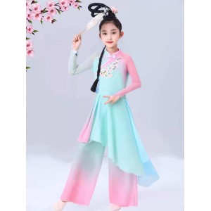 Girls pink green gradient chinese folk dance costumes children fairy hanfu ancient traditional classical fan umbrella dancing dress for kids 